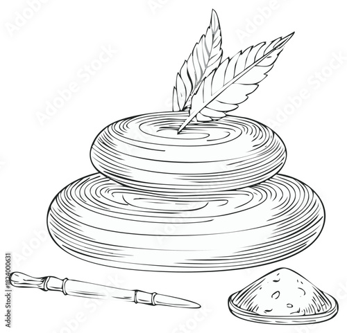 Spa treatment elements illustration. Two stacked stones, herbs, powder and massage tool.
