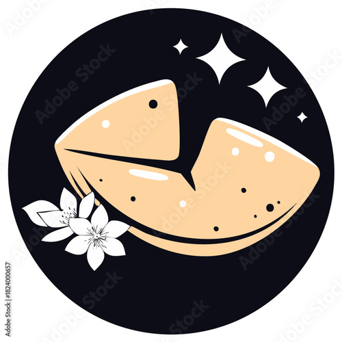 Stylized illustration of a magical fortune cookie with white flowers and sparkles