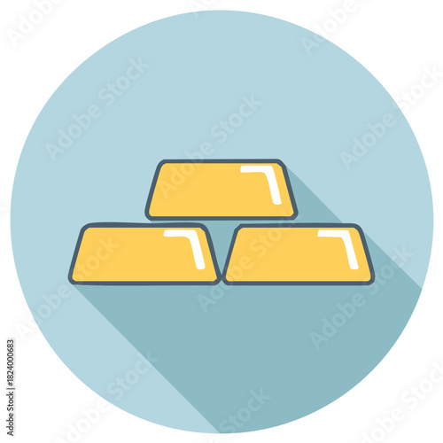 Three gold bars stacked on light blue circle with shadow, wealth and treasure concept
