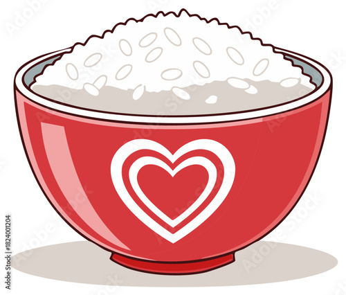 Bowl of White Rice with Love Heart Design, Cartoon Illustration