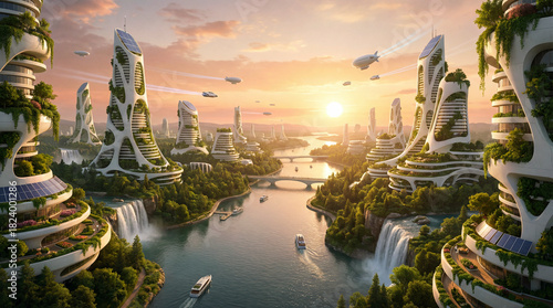 Green futuristic city on river with flying vehicles at sunset