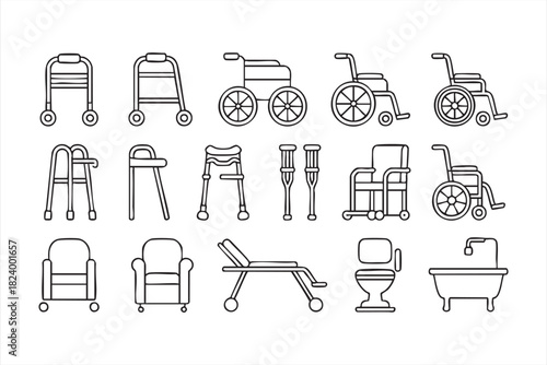 Accessibility and transport chair icons for hospitals, clinics and rehab centers