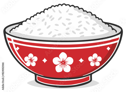 Red bowl of rice with flower details Asian food illustration for menu or packaging design