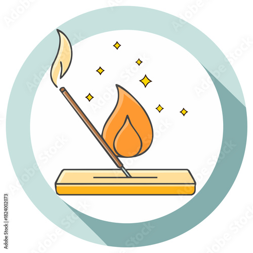 Burning Incense Stick With Holder and Starry Sparks in a Circular Frame Graphic Illustration