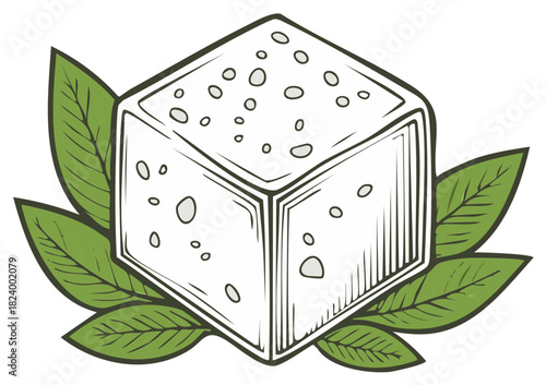 White Feta cheese or tofu block surrounded by fresh green herb leaves, hand drawn illustration