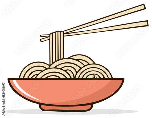 Chopsticks lifting delicious noodles from a colorful bowl, Asian cuisine food vector illustration