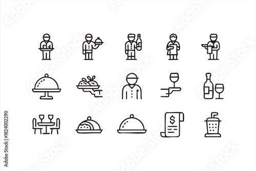 Hospitality staff and dining symbol set in outline style