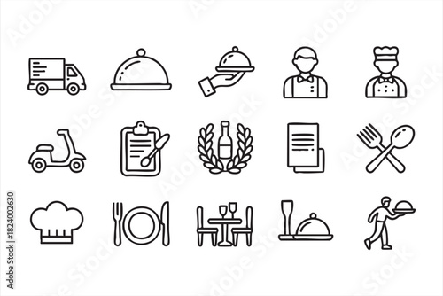 Hospitality and chef service line icons for menu, dining, and culinary marketing