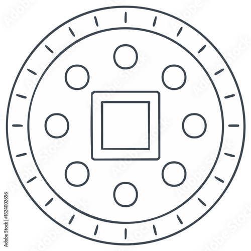 Ancient Chinese Coin Line Art Icon for Good Luck and Prosperity