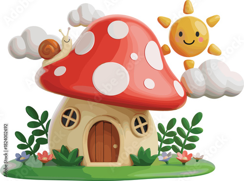 Cute cartoon mushroom house, fantasy fairy home illustration, whimsical nature cottage, magical children artwork, playful fairytale forest dwelling