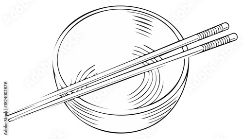 Bowl and chopsticks illustration. Isolated vector illustration. Black and white, Asian food