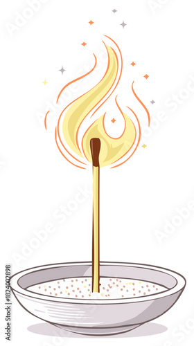 Close up of a lit matchstick burning with bright flames in a bowl of white granular material