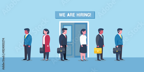 Diverse job applicants waiting in line for hiring opportunity