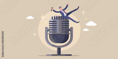 Man with microphone celebrates on top of vintage microphone