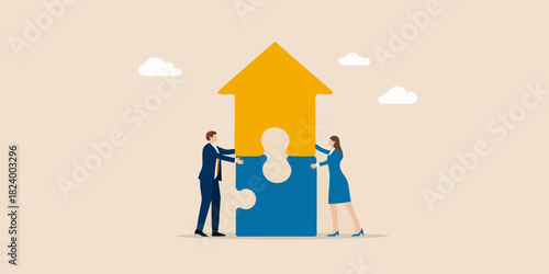 Business people assembling a house puzzle for success and growth