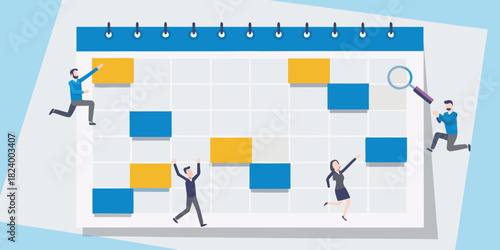 People interacting with a colorful calendar grid for planning and organization