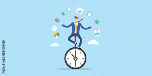 Businessman juggling tasks while riding a unicycle clock
