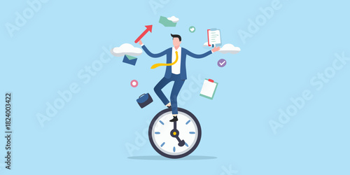 Businessman balancing on a clock with business icons floating around