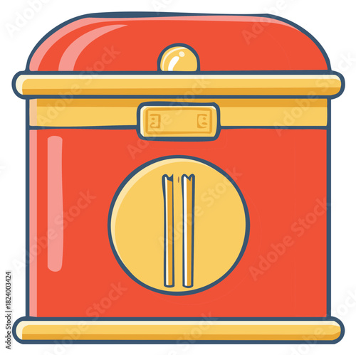 Vivid Red Safe Box Cartoon Illustration Featuring Gold Accents and Simplified Details, Nostalgic Graphic, Modern Design