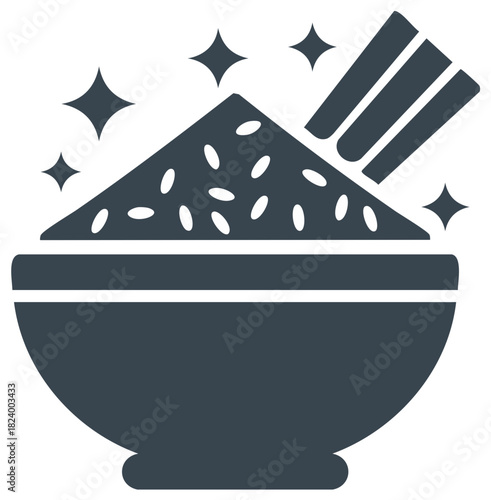 Illustration of a bowl of rice, chopsticks, and sparkling stars.