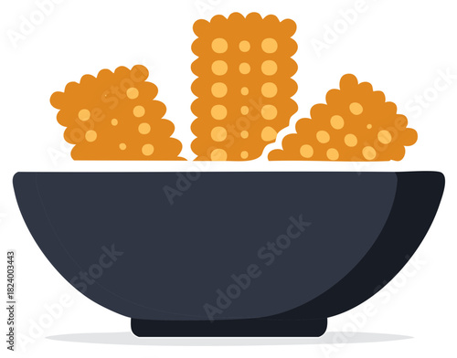 Simple graphic icon of salty biscuits or crackers in a dark ceramic bowl for snacking