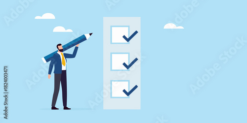 Businessman completing a checklist with a giant pencil