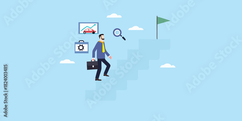 Businessman climbing stairs towards success with business icons