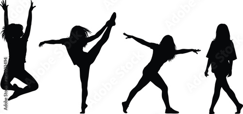 Dance silhouette poses, black vector illustration, expressive movement design, body gesture artwork, minimal graphic element, posture sequence decor asset