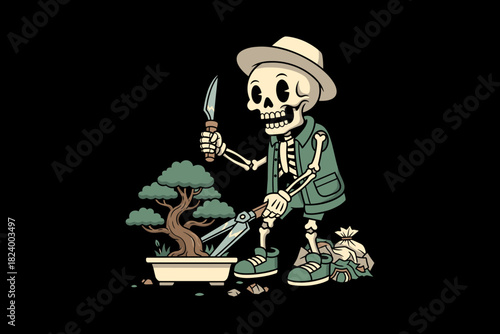 Skeleton gardener meticulously tending to a bonsai tree with too