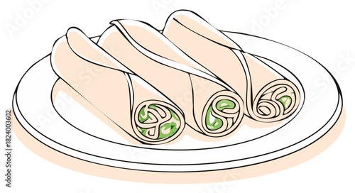 Hand drawn illustration of fresh Asian vegetable spring rolls served on a plate