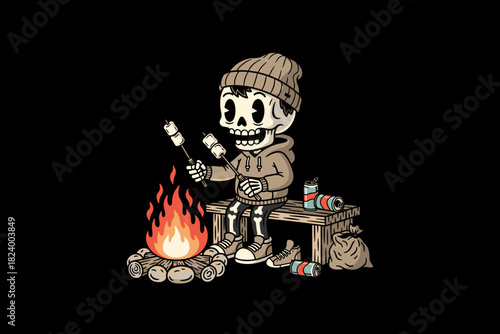 Skeleton character roasting marshmallows over a campfire.