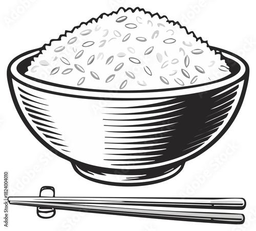 Bowl of Steamed White Rice with Chopsticks - Black and White Illustration