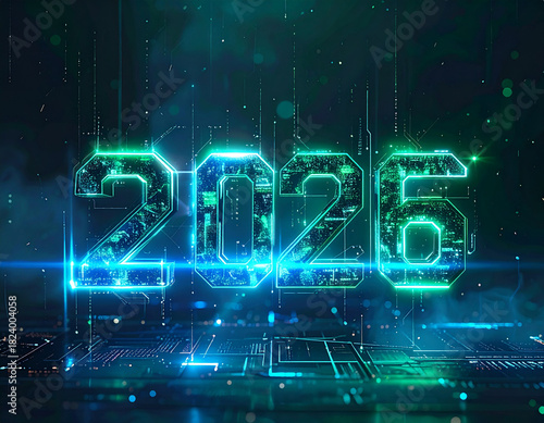 Glowing blue hologram of the year 2026 on a dark futuristic technology background with digital interface elements