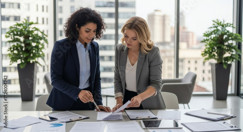 Two empowered businesswomen collaborating on strategy in a modern office, enhancing teamwork and driving growth with strategic planning and innovative ideas