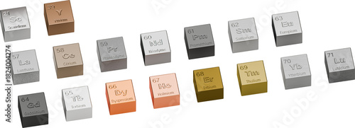 The 17 rare earth elements depicted as cubes with their atomic numbers, symbol and names engraved in French. Scandium Yttrium Neodym Lanthan Terbium Lutetium Holmium Praseodym Thulium Ytterbium