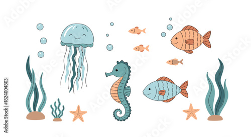 Adorable collection of charming underwater creatures including a jellyfish seahorse and fish swimming among seaweed and bubbles.
