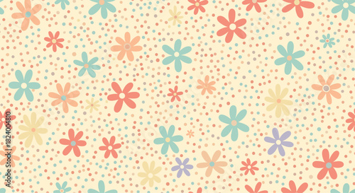 Cute seamless pattern filled with scattered pastel-colored flowers and tiny polka dots creating a charming cheerful background.