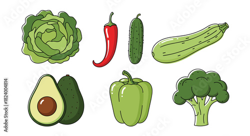 Fresh collection of green vegetables including crisp cabbage spicy chili peppers and creamy avocados for healthy eating.