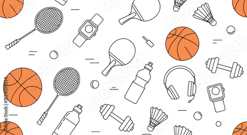 Dynamic seamless pattern featuring diverse sports and fitness items like basketballs rackets and dumbbells in outline style.