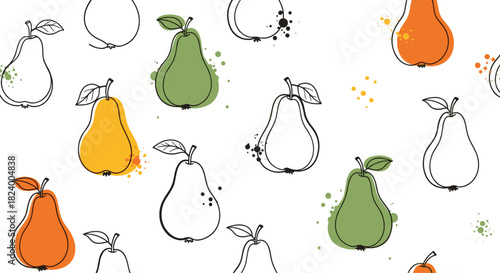 Artistic seamless pattern features outline and colored pears with playful paint splatters creating a fresh and vibrant background.