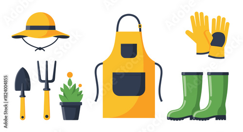 Comprehensive collection of essential gardening tools and protective apparel including a sun hat gloves and sturdy boots.