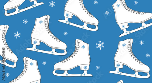 Charming seamless pattern of elegant white ice skates adorned with delicate blue snowflakes on a vibrant blue background.