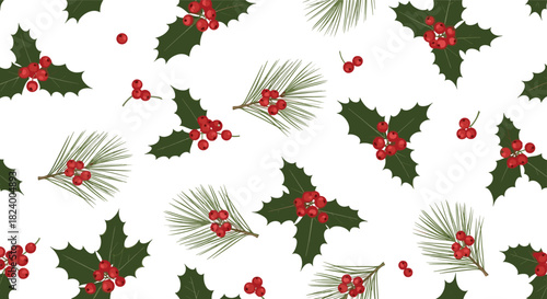 Festive seamless pattern with traditional holly branches adorned with bright red berries and green pine needles.