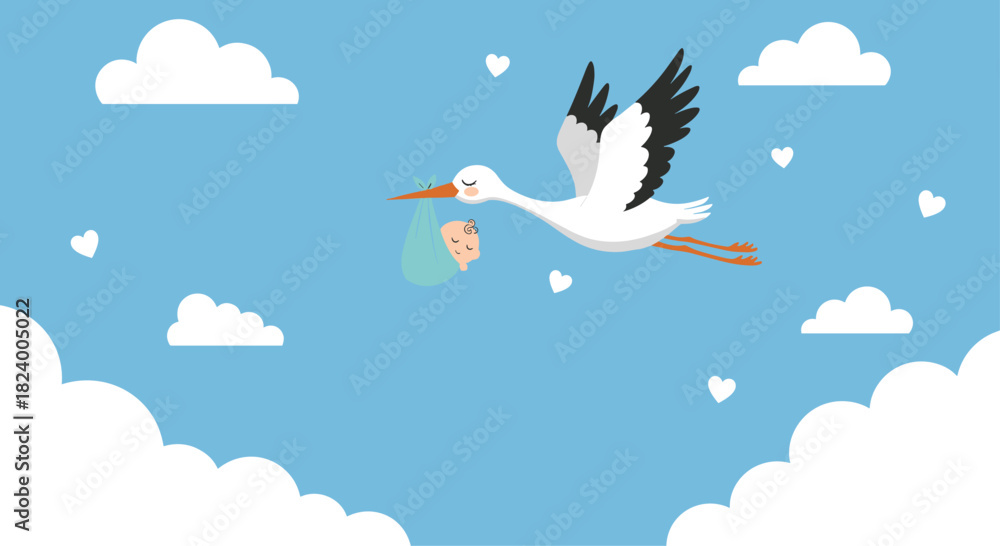 Naklejka premium Cheerful stork carrying a baby in a blue bundle flies through a bright blue sky filled with fluffy clouds and tiny hearts.