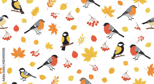 Delightful seamless pattern showcases a vibrant array of birds including robins and titmice nestled among colorful autumn leaves and berries.