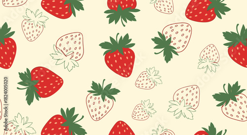 Delightful seamless pattern showcases juicy red strawberries alongside elegant outline illustrations on a soft cream background.