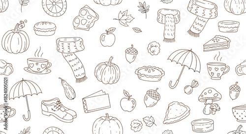 Fun doodle seamless pattern of autumn essentials including pumpkins scarves pie slices apples acorns and umbrellas in outline style.