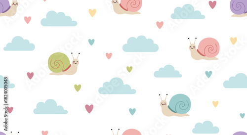 Adorable seamless pattern features cute colorful snails floating among fluffy blue clouds and tiny hearts on a white backdrop.