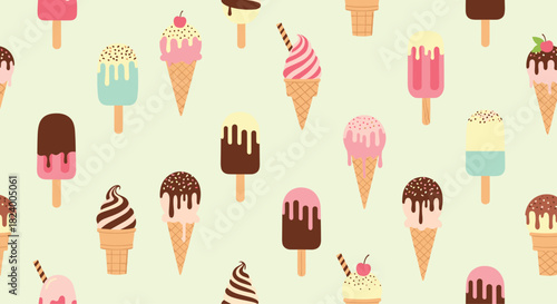 Delicious seamless pattern features a tempting variety of ice cream cones and colorful popsicles with diverse flavors and toppings.