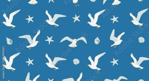 Dynamic seamless pattern portrays graceful flying seagulls alongside charming starfish and delicate seashells on a vibrant blue background.